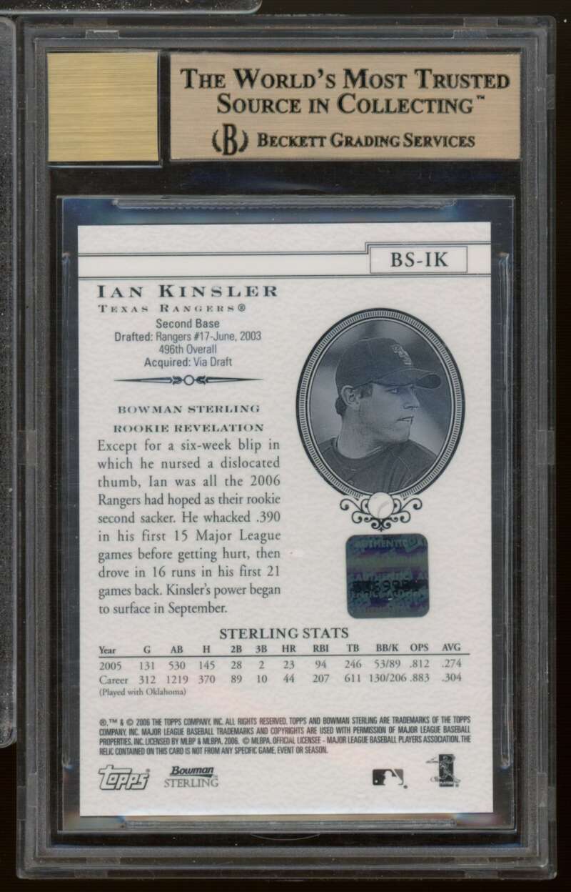 Ian Kinsler Rookie Card 2006 Bowman Sterling Autograph #IK BGS 9.5 Image 2