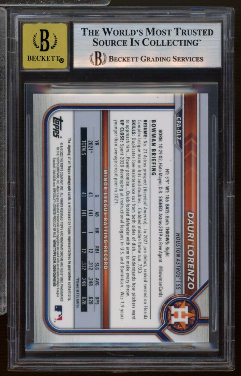 Dauri Lorenzo Rookie 2022 Bowman Chrome Prospect Auto Speckle Ref #CPADLZ BGS 9 Image 2