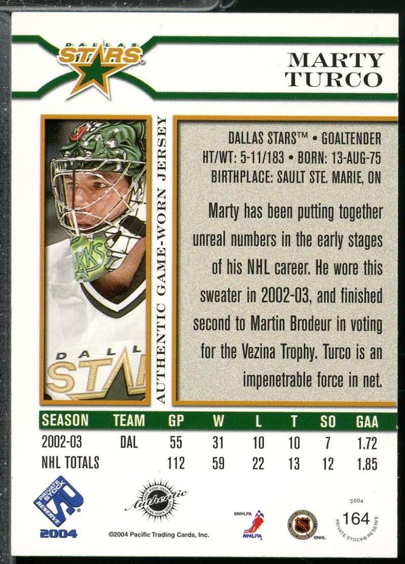 Marty Turco Card 2003-04 Private Stock Reserve Jersey /100 #164  Image 2