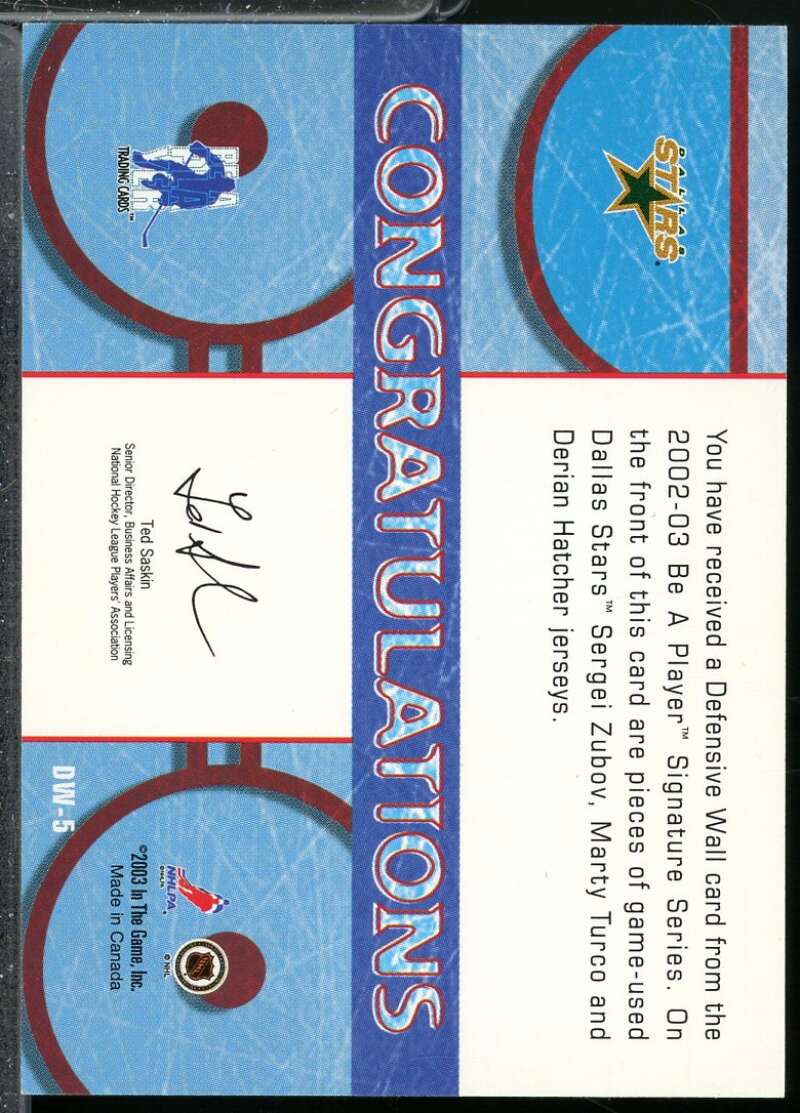Zubov Marty Turco Hatcher 2002-03 BAP Signature Serie Defensive Wall Jsy #DW5  Image 2