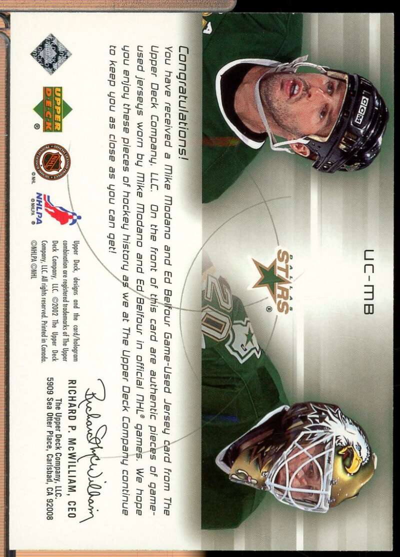 Mike Modano Ed Belfour Card 2001-02 UD Challenge for the Cup Jerseys #UCMB  Image 2