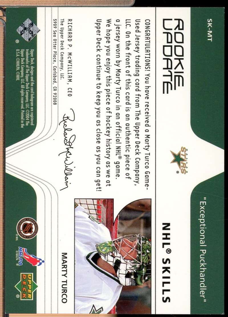 Marty Turco Rookie Card 2003-04 Upper Deck Update Skills Jersey /75 #SKMT  Image 2