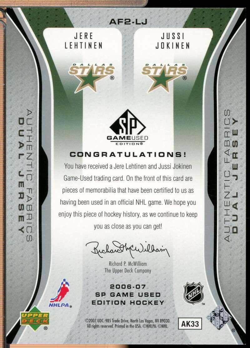 Jere Lehtinen Jussi Jokinen 2006-07 SP Game Used Fabrics Dual Jersey /100 #LJ  Image 2