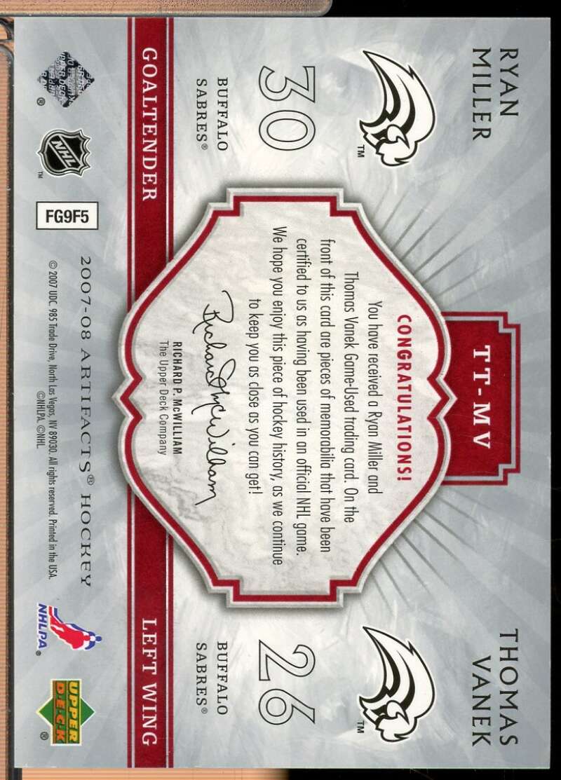 Ryan Miller Thomas Vanek 2007-08 Artifacts Tundra Tandems Jersey Silver /10 #MV  Image 2