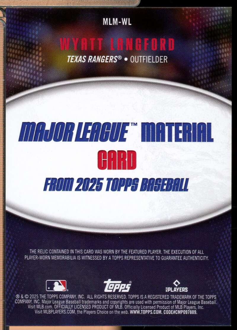 Wyatt Langford Card 2025 Topps Major League Materials Jersey #MLMWL  Image 2