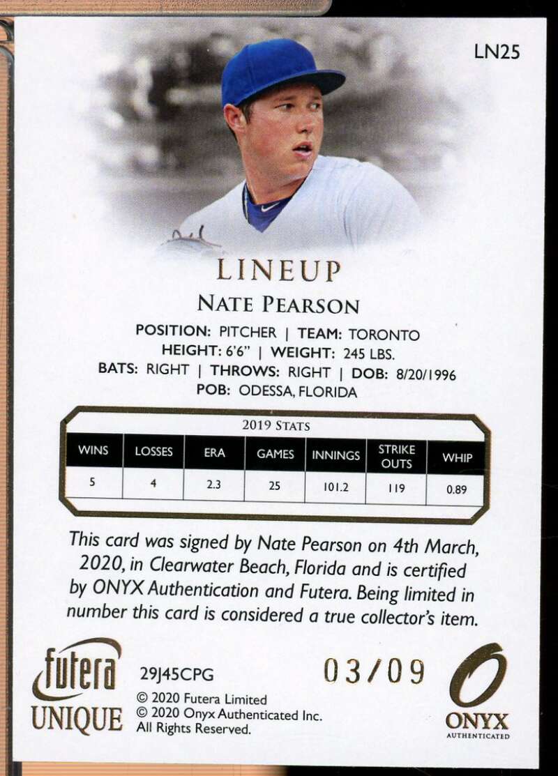 Nate Pearson 2020 Futera Unique Prospects Legend Gold Lineup Autograph /9 #PH28  Image 2