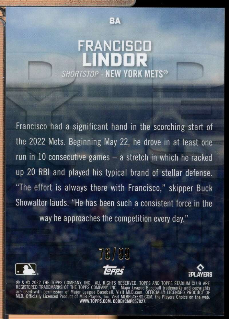 Francisco Lindor 2022 Stadium Club Chrome Dynasty Destiny Green Refractor 99 8A  Image 2