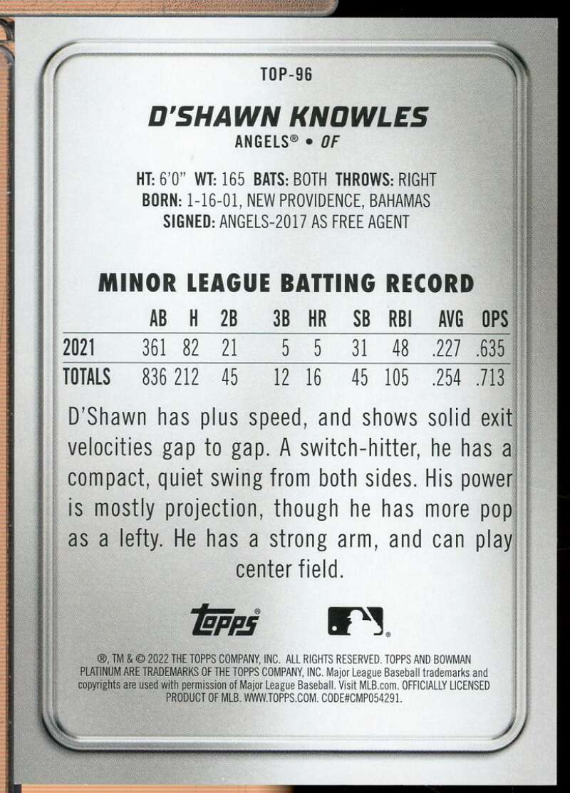 D'Shawn Knowles Card 2022 Bowman Platinum Top Prospects Red /10 #TOP96  Image 2
