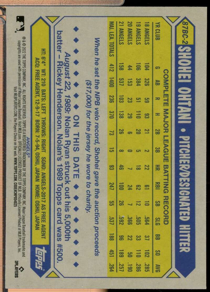 Shohei Ohtani Card 2022 Topps Chrome '87 Topps #87BC2  Image 2