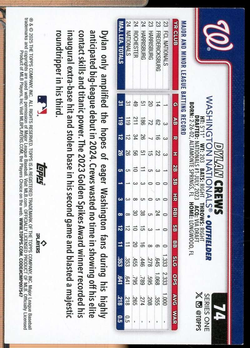 Dylan Crews Rookie Card 2025 Topps Aqua Holo Foil #74  Image 2