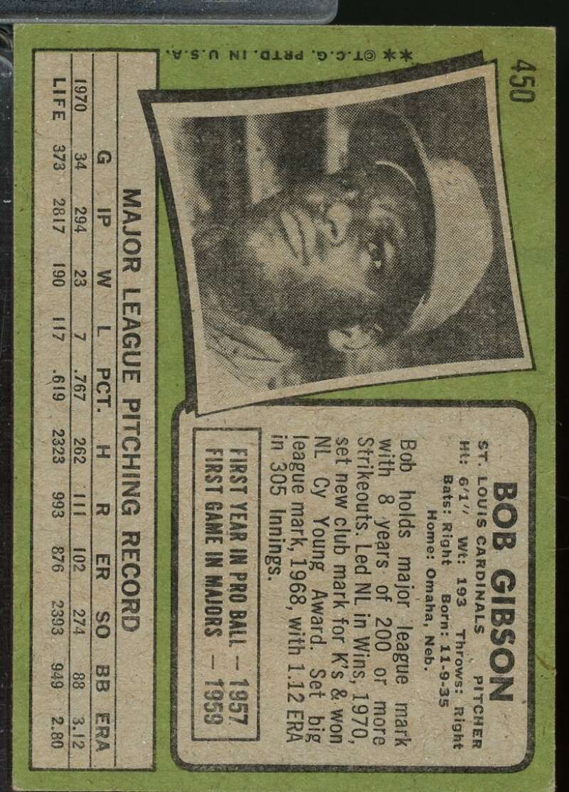 Bob Gibson Card 1971 Topps #450  Image 2