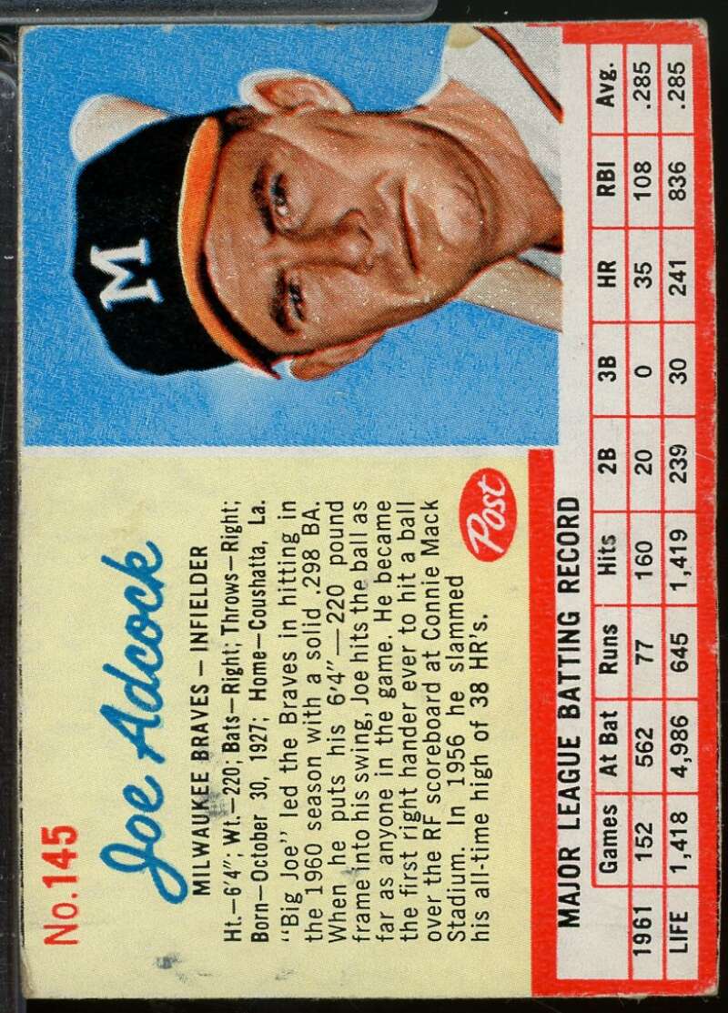 Joe Adcock Card 1962 Post #145  Image 1