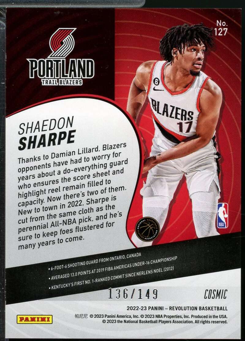 Shaedon Sharpe Rookie Card 2022-23 Panini Revolution Cosmic /149 #127  Image 2