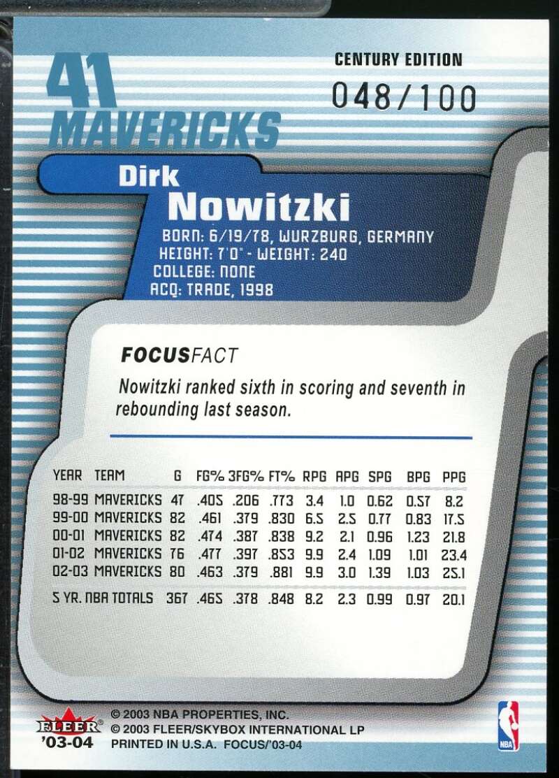 Dirk Nowitzki Card 2003-04 Fleer Focus Numbers Century Edition /100 #41  Image 2