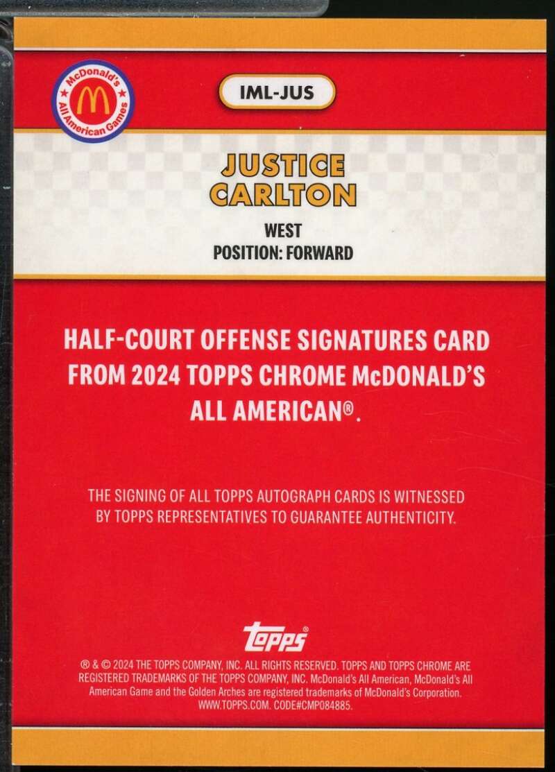 Justice Carlton Card 2024 Topps Chrome McDonald's Autograph Logo Refractor #JUS  Image 2