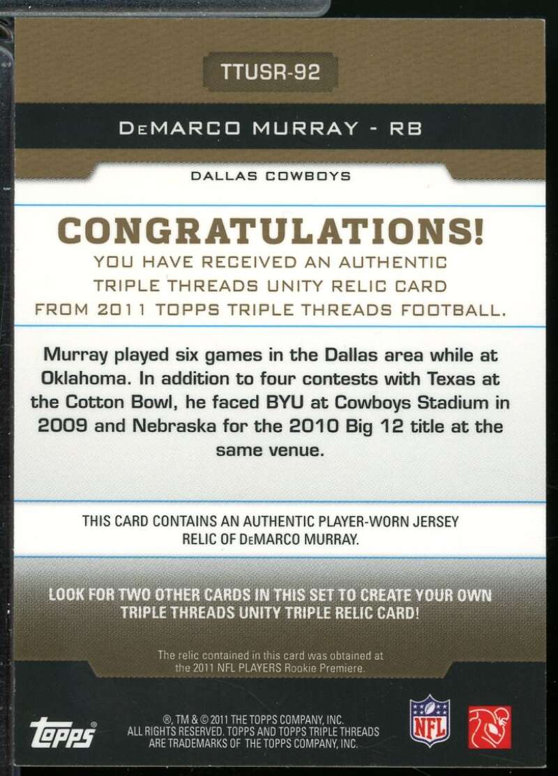 DeMarco Murray Rookie 2011 Topps Triple Thread Unity Relic Jersey Sepia /27 #92  Image 2