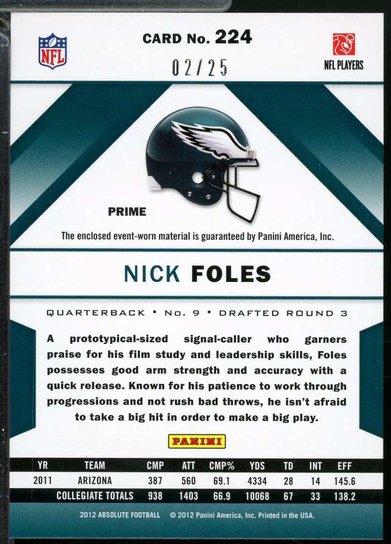 Nick Foles Rookie 2012 Absolute Premiere Material Jsy Oversize Prime /25 #224  Image 2