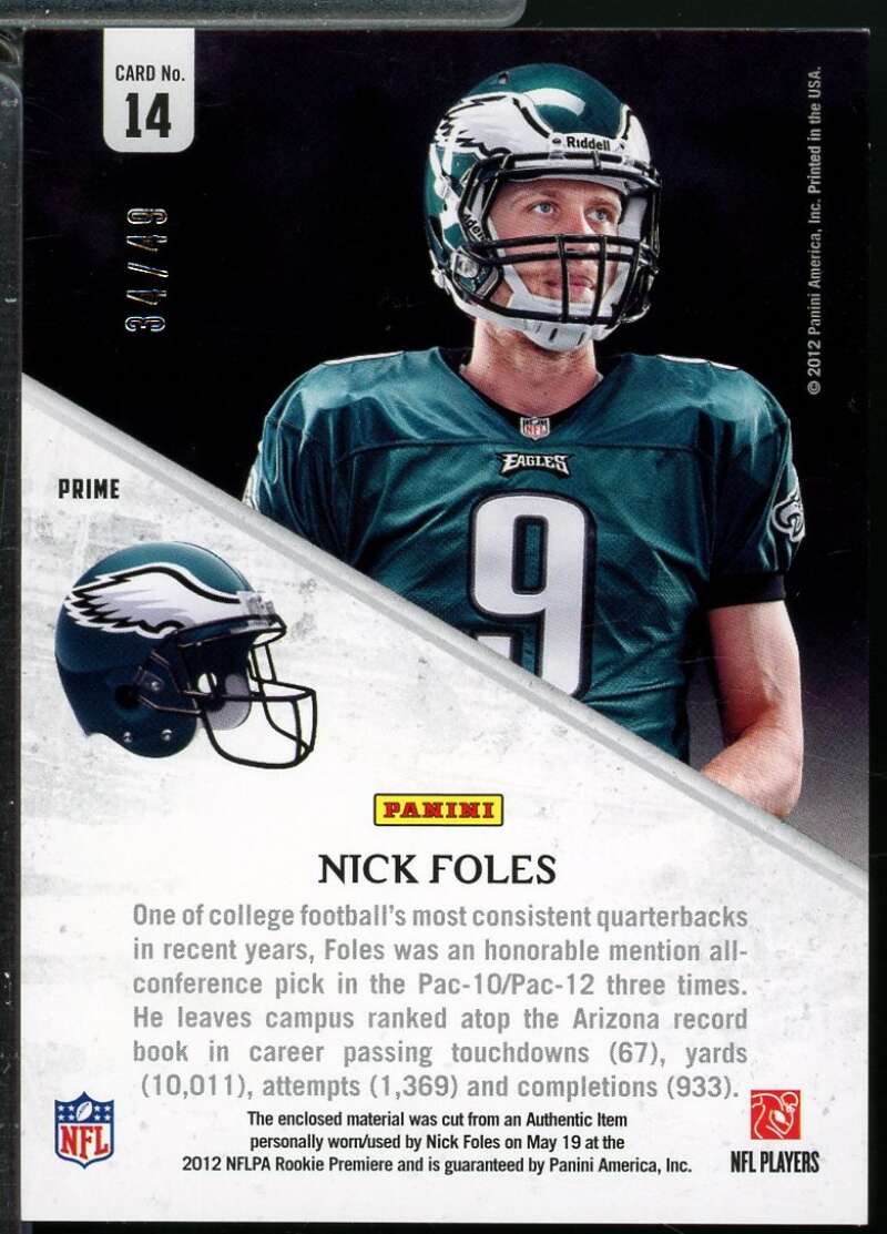 Nick Foles Rookie Card 2012 Rookies and Stars Collection Jerseys Prime /49 #14  Image 2