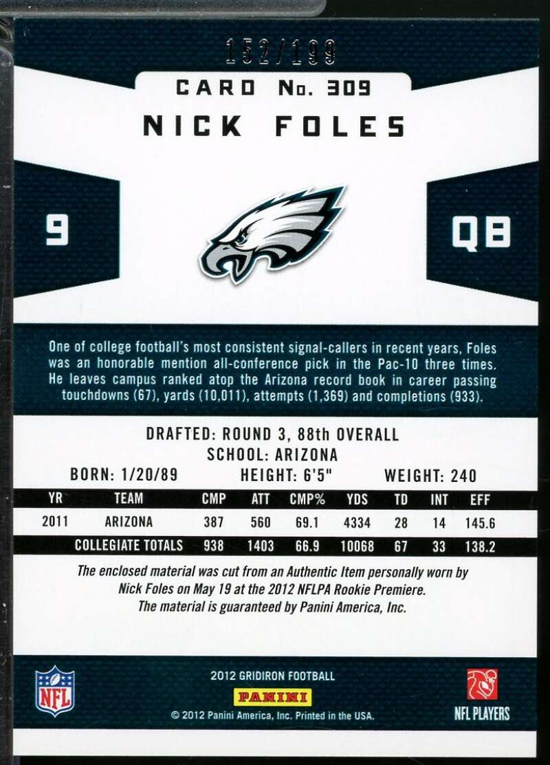 Nick Foles Rookie Card 2012 Gridiron Gridiron Gems Jerseys /199 #309  Image 2