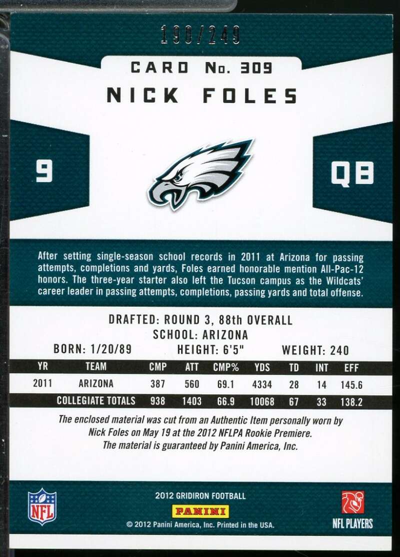 Nick Foles Rookie Card 2012 Gridiron Gridiron Gems Jerseys Combos /249 #309  Image 2
