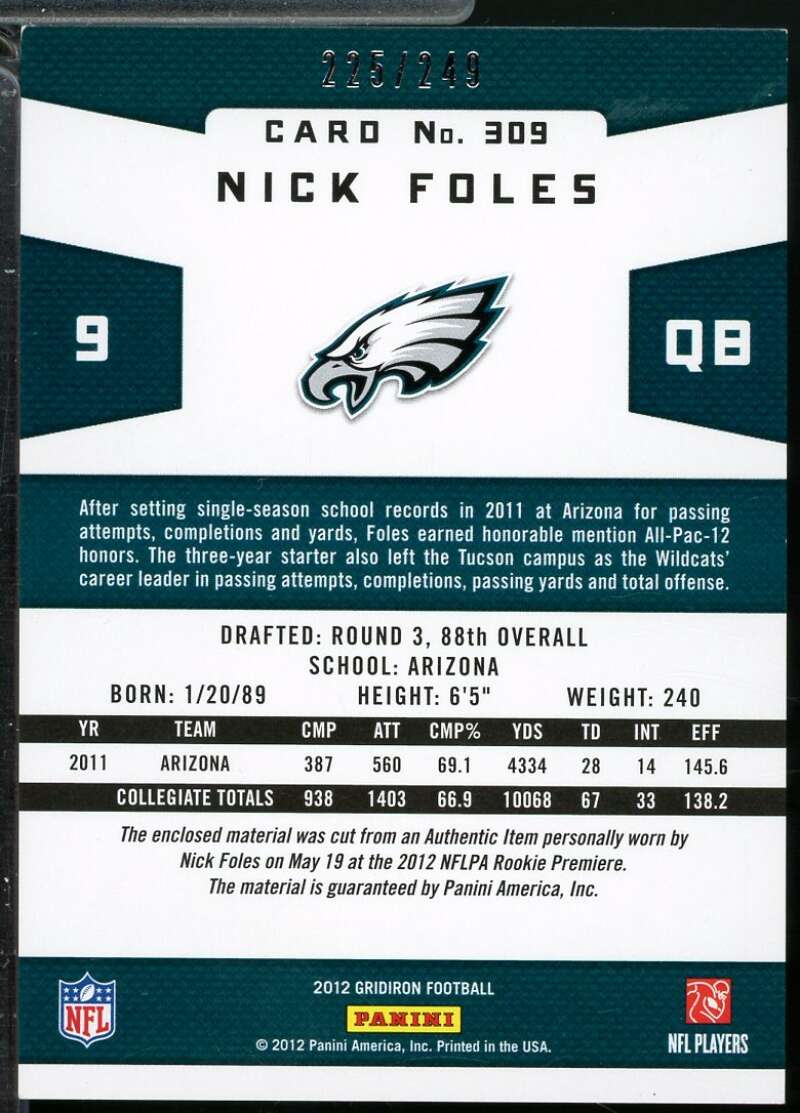 Nick Foles Rookie Card 2012 Gridiron Gridiron Gems Jerseys Combos /249 #309  Image 2