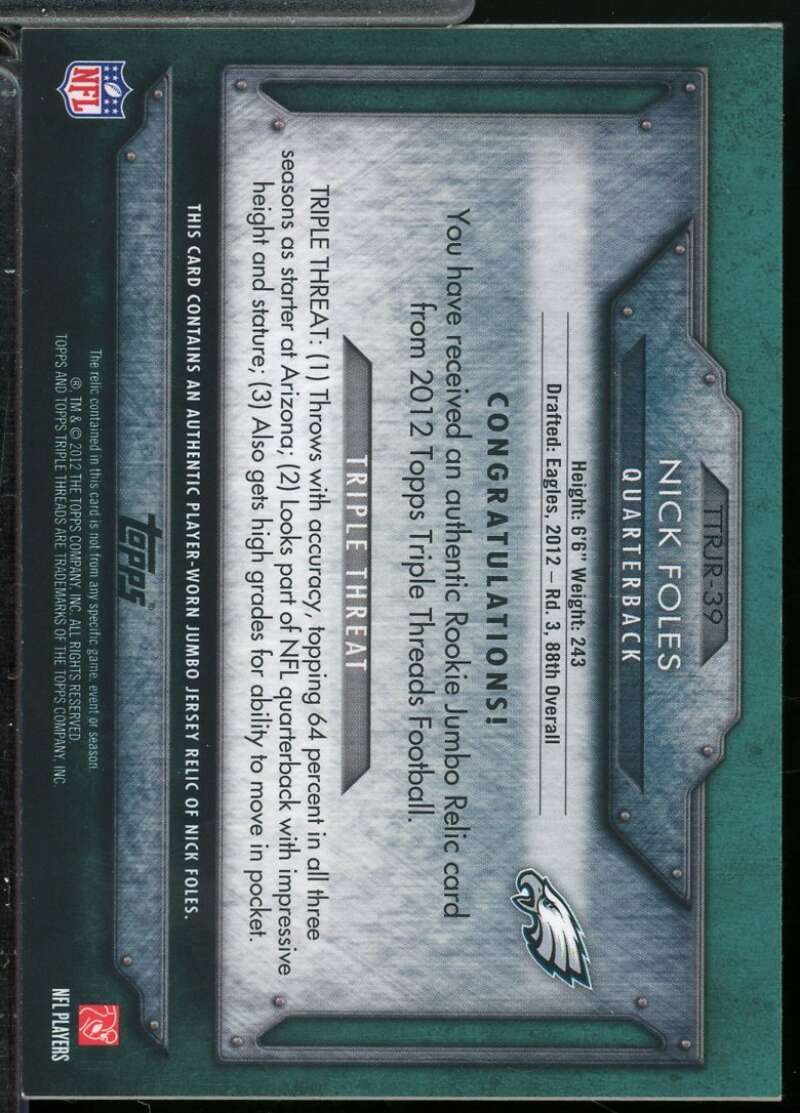 Nick Foles Rookie 2012 Topps Triple Threads Jumbo Jersey Relics Emerald /50 #39  Image 2