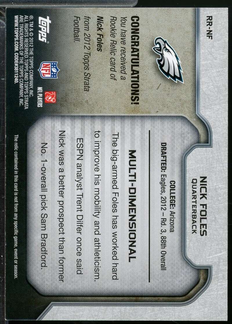Nick Foles Rookie Card 2012 Topps Strata Jerseys Gold /99 #RRNF  Image 2