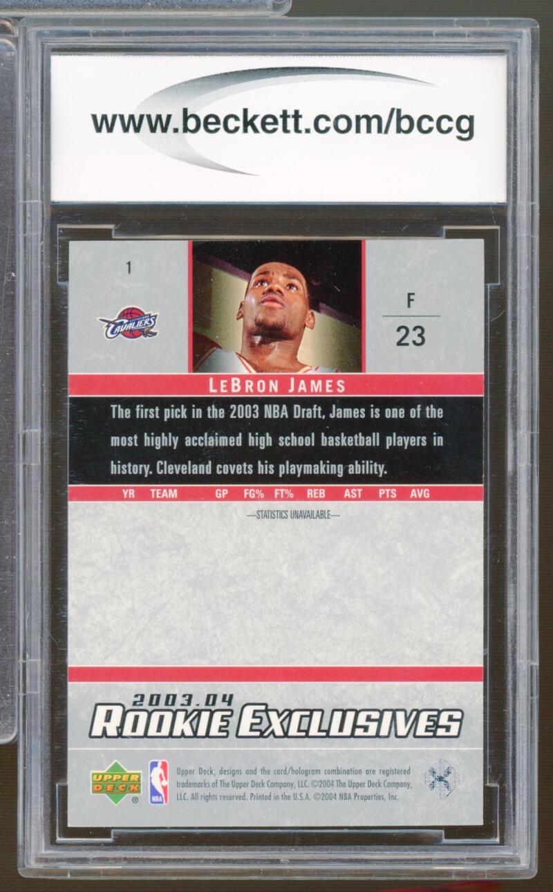 2003-04 Upper Deck Rookie Exclusives #1 Lebron James Rookie BGS BCCG 10 Mint+ Image 2