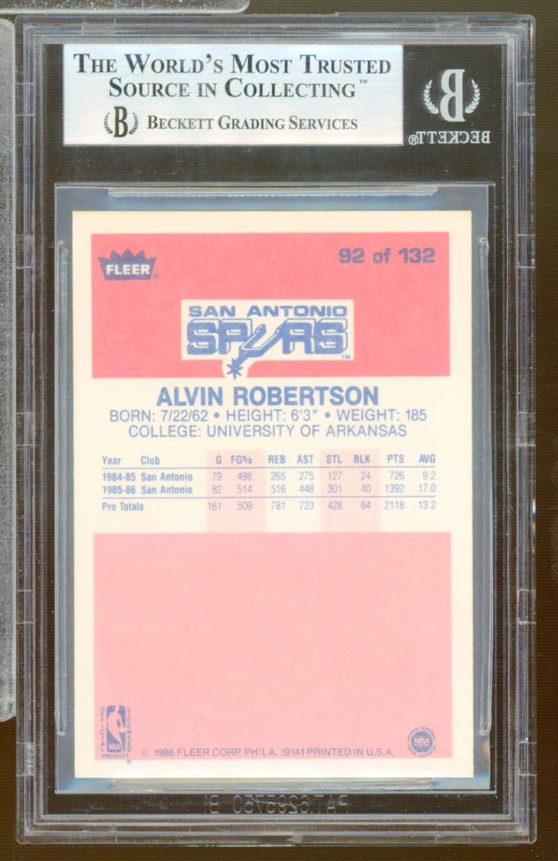 Alvin Robertson Rookie Card 1986-87 Fleer #92 BGS 8.5 Image 2