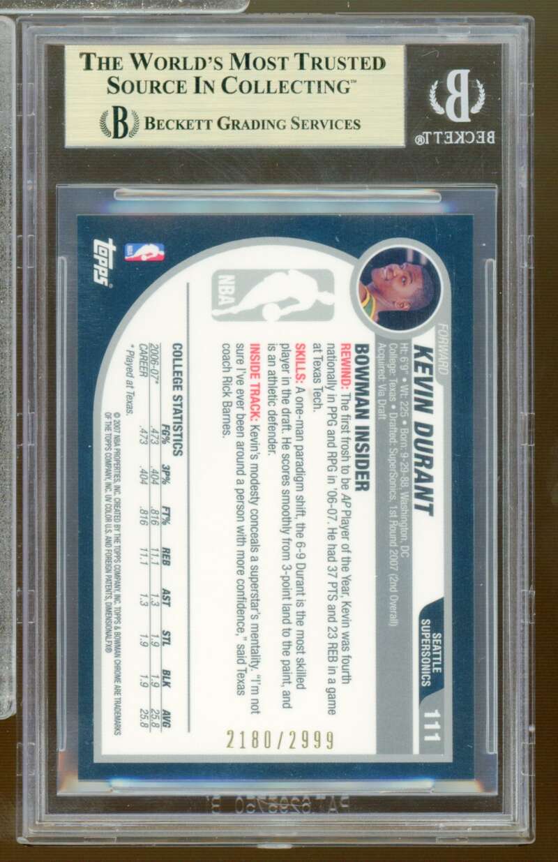 Kevin Durant Rookie Card 2007-08 Bowman Chrome #111 BGS 9.5 Image 2