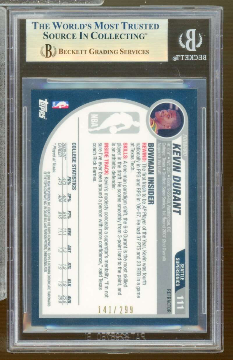 Kevin Durant Rookie 2007-08 Bowman Chrome Refractors (141/299) #111 BGS 9.5 Image 2