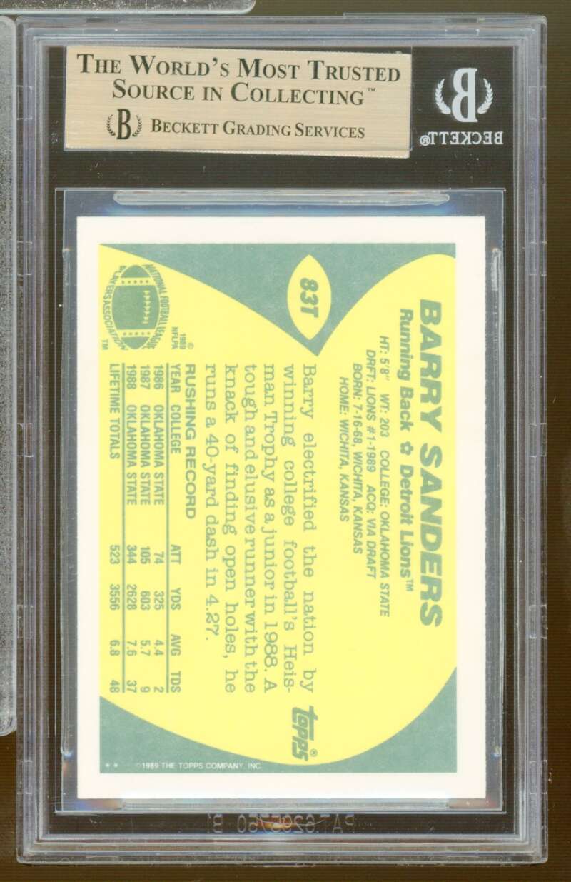 Barry Sanders Rookie Card 1989 Topps Traded #83T BGS 9.5 Image 2