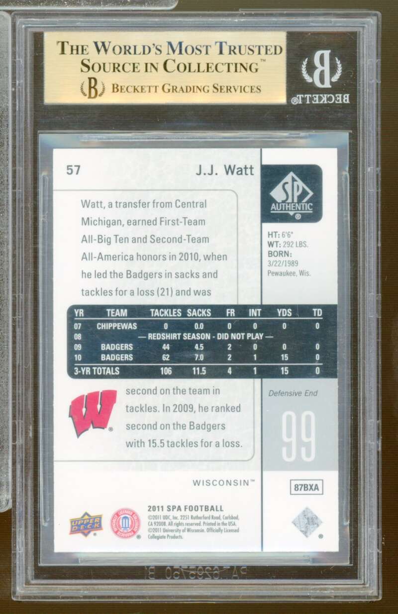J.J. Watt Rookie Card 2011 SP Authentic #57 (PRISTINE) BGS 10 Image 2