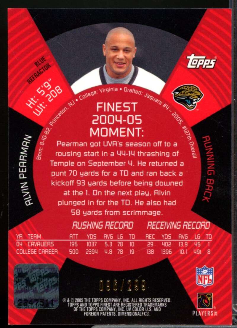 Alvin Pearman Card 2005 Finest Rookie Autograph Blue Refractors #162  Image 2