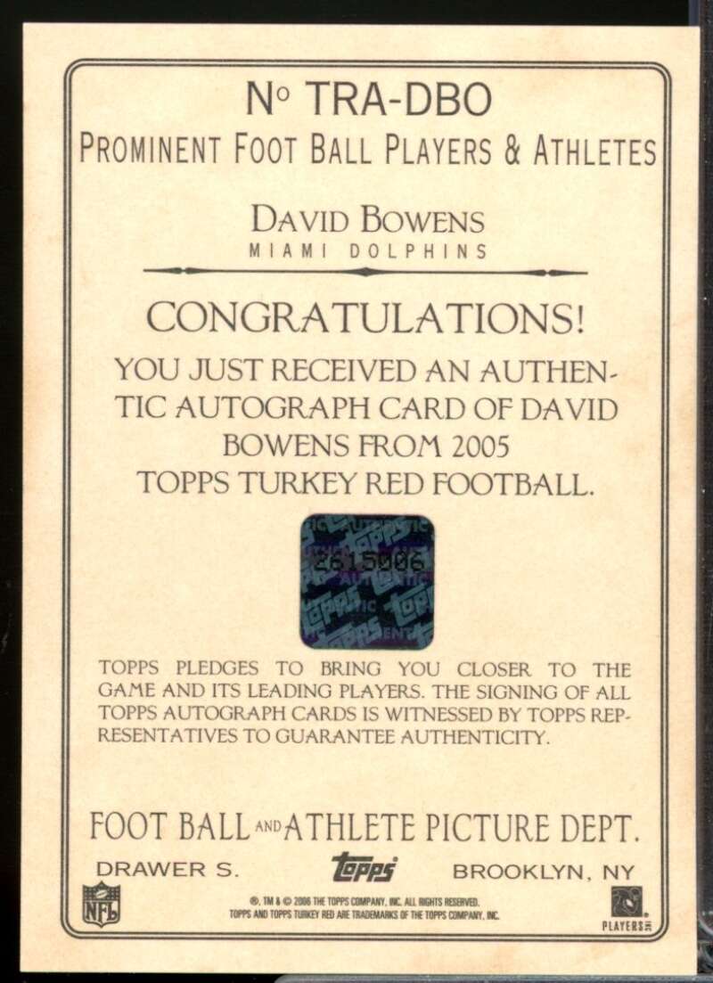 David Bowens Card 2005 Topps Turkey Red Autographs Gray #TRADBO  Image 2