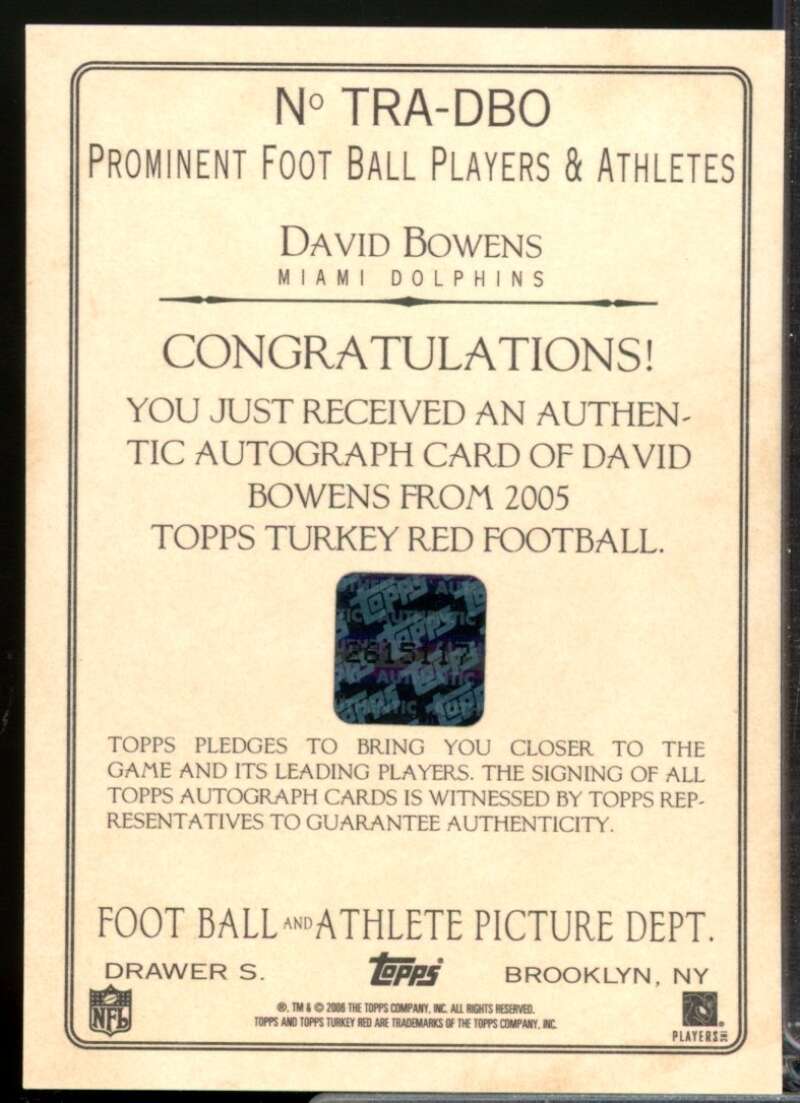 David Bowens Card 2005 Topps Turkey Red Autographs Gray #TRADBO  Image 2