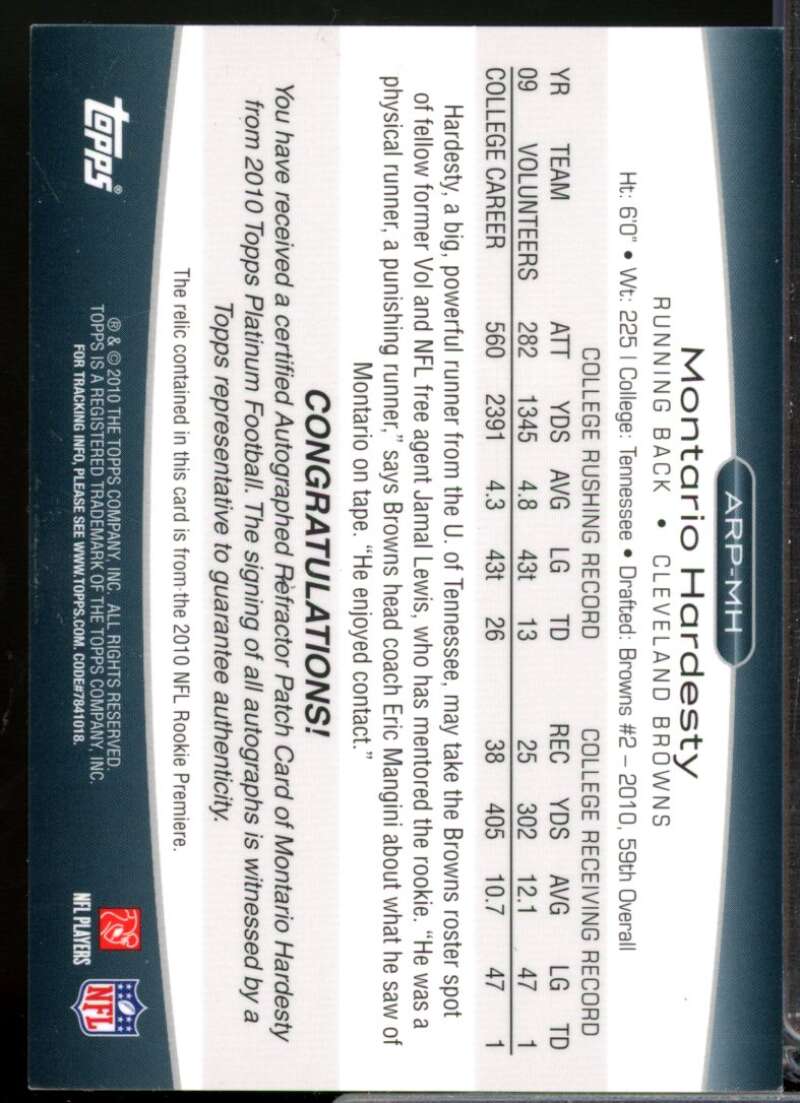 Montario Hardesty /500 Card 2010 Topps Platinum Rookie Patch Autograph #MH  Image 2