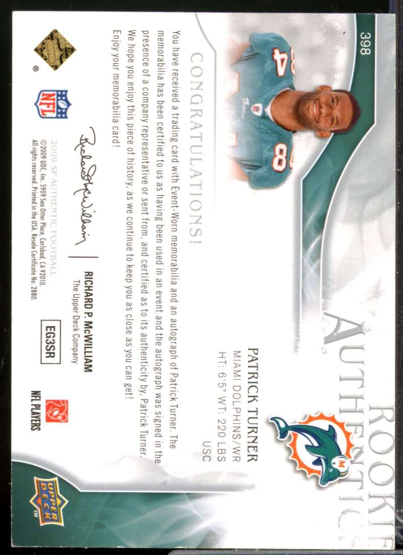 Patrick Turner /999 RC Card 2009 SP Authentic Rookie Jersey Autograph #398  Image 2