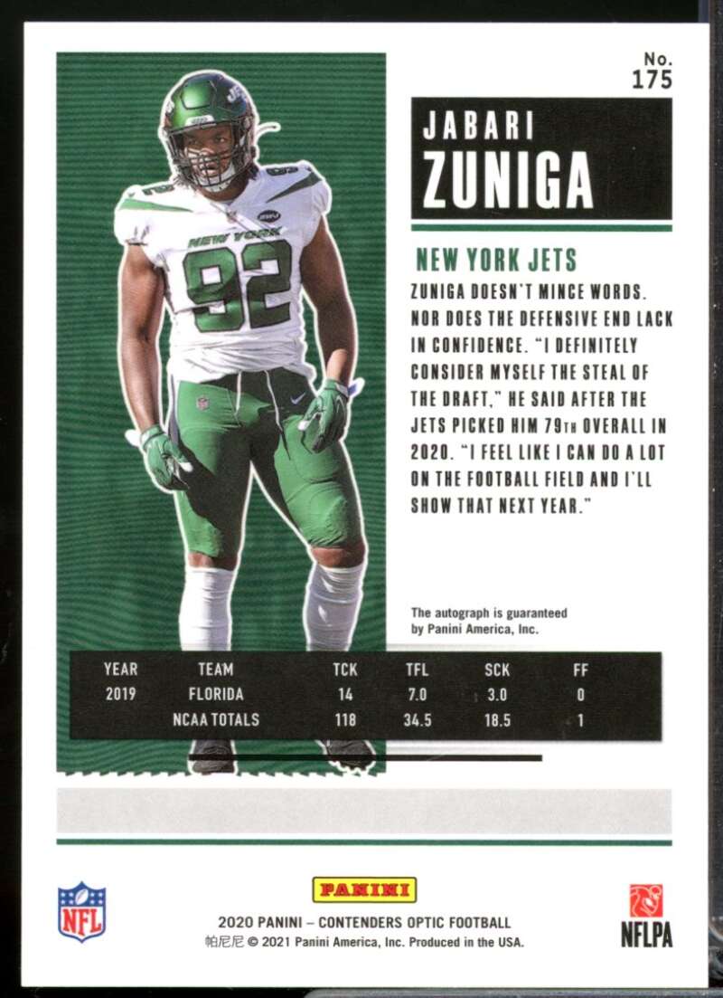 Jabari Zuniga RC Card 2020 Panini Contenders Optic Rookie Autograph #175  Image 2
