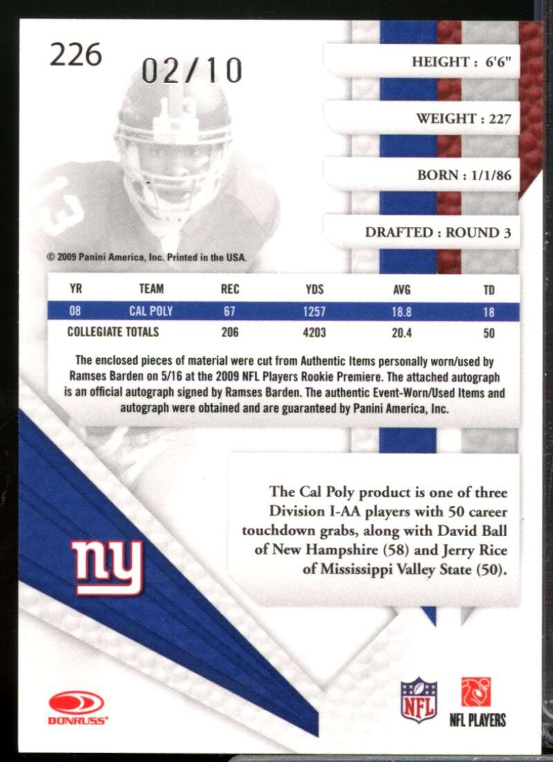 Ramses Barden 2009 Absolute Rookie Premiere Jersey Auto NFL Spectrum Prime #226  Image 2