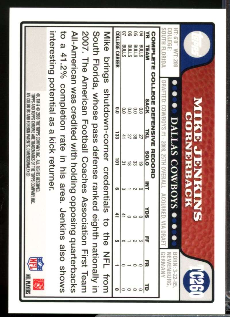 Mike Jenkins Card 2008 Topps Chrome Rookie Autographs #TC260  Image 2