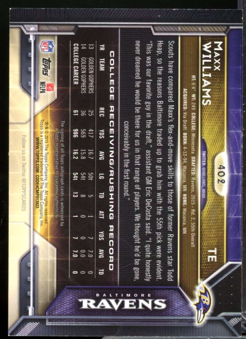 Maxx Williams Card 2015 Topps Rookie Autographs #402  Image 2