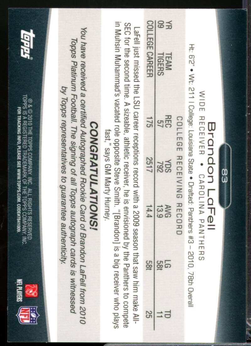 Brandon LaFell Card 2010 Topps Platinum Rookie Autographs Blue Refractors #83  Image 2