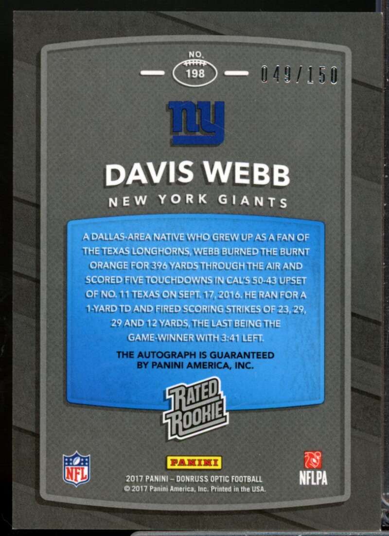 Davis Webb /150 Card 2017 Donruss Optic Rated Rookies Autographs #198  Image 2