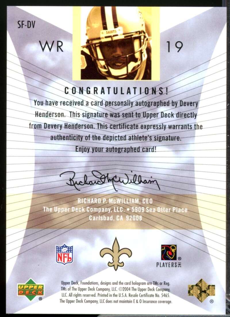 Devery Henderson Card 2004 Upper Deck Signature Foundations Autograph #SFDV  Image 2