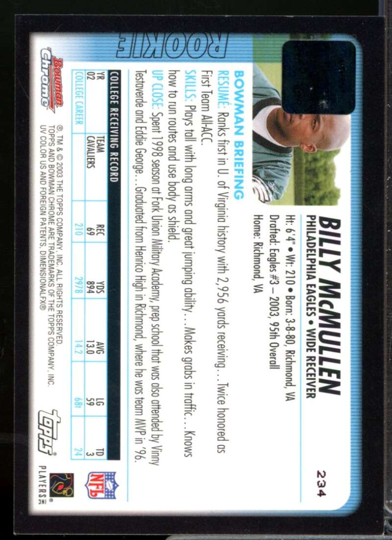 Billy McMullen RC Card 2003 Bowman Chrome Rookie Autograph #234  Image 2