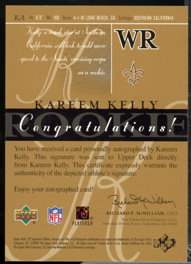 Kareem Kelly Card 2003 SP Signature Rookie Autographs Red Ink #KA  Image 2