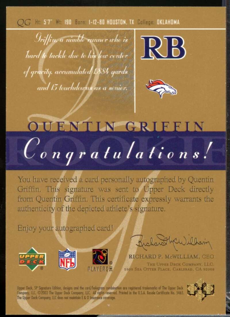 Quentin Griffin Card 2003 SP Signature Rookie Autographs Blue Ink #QG  Image 2
