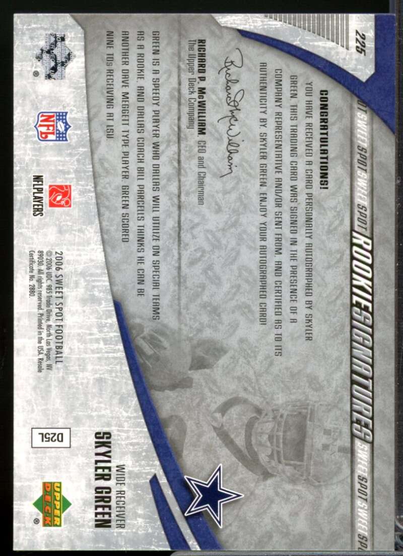 Skyler Green /899 RC Card 2006 Sweet Spot Rookie Autograph #225  Image 2
