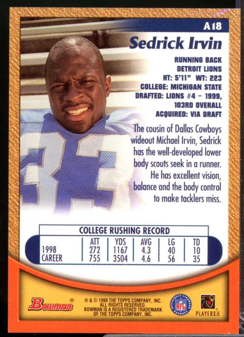 Sedrick Irvin Card 1999 Bowman Autographs #A18  Image 2